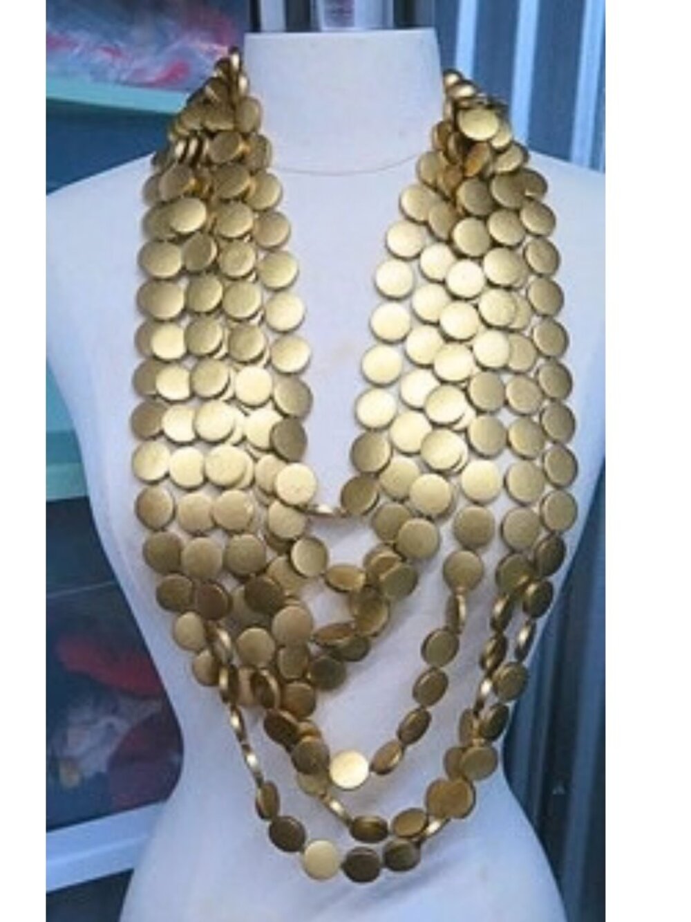 Gold Tone Disc Necklace 7 Strand Layered Long Boho Statement Necklace